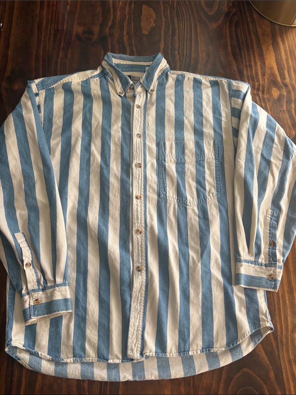 Vintage 90s Double Impact Blue White Striped Button Down Shirt